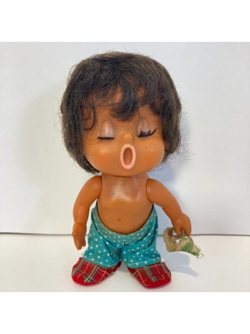 Vintage Rubber Boy Doll Toy Japan Hawaiian 8" Open Mouth Kissing Closed Eyes 60s